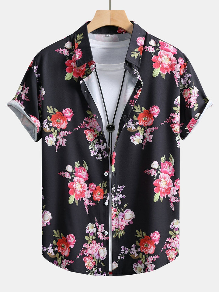 Floral Paint Button Up Shirt & Man Mid Length Drawstring Swim Shorts