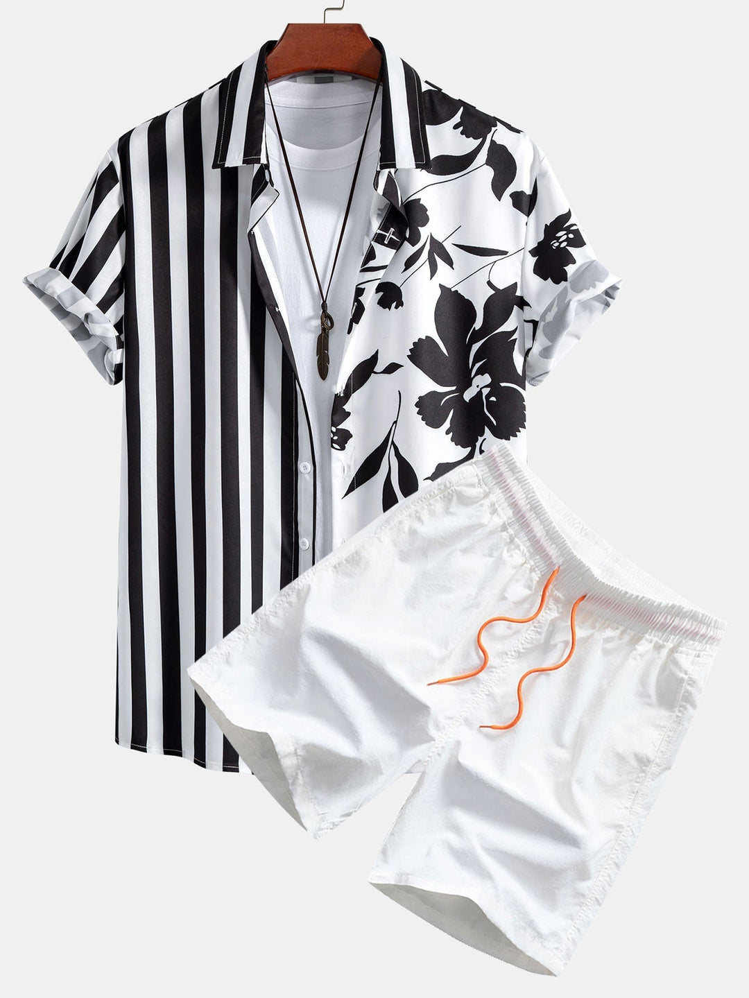 Floral Stripe Patchwork Print Button Up Shirt & Swim Shorts