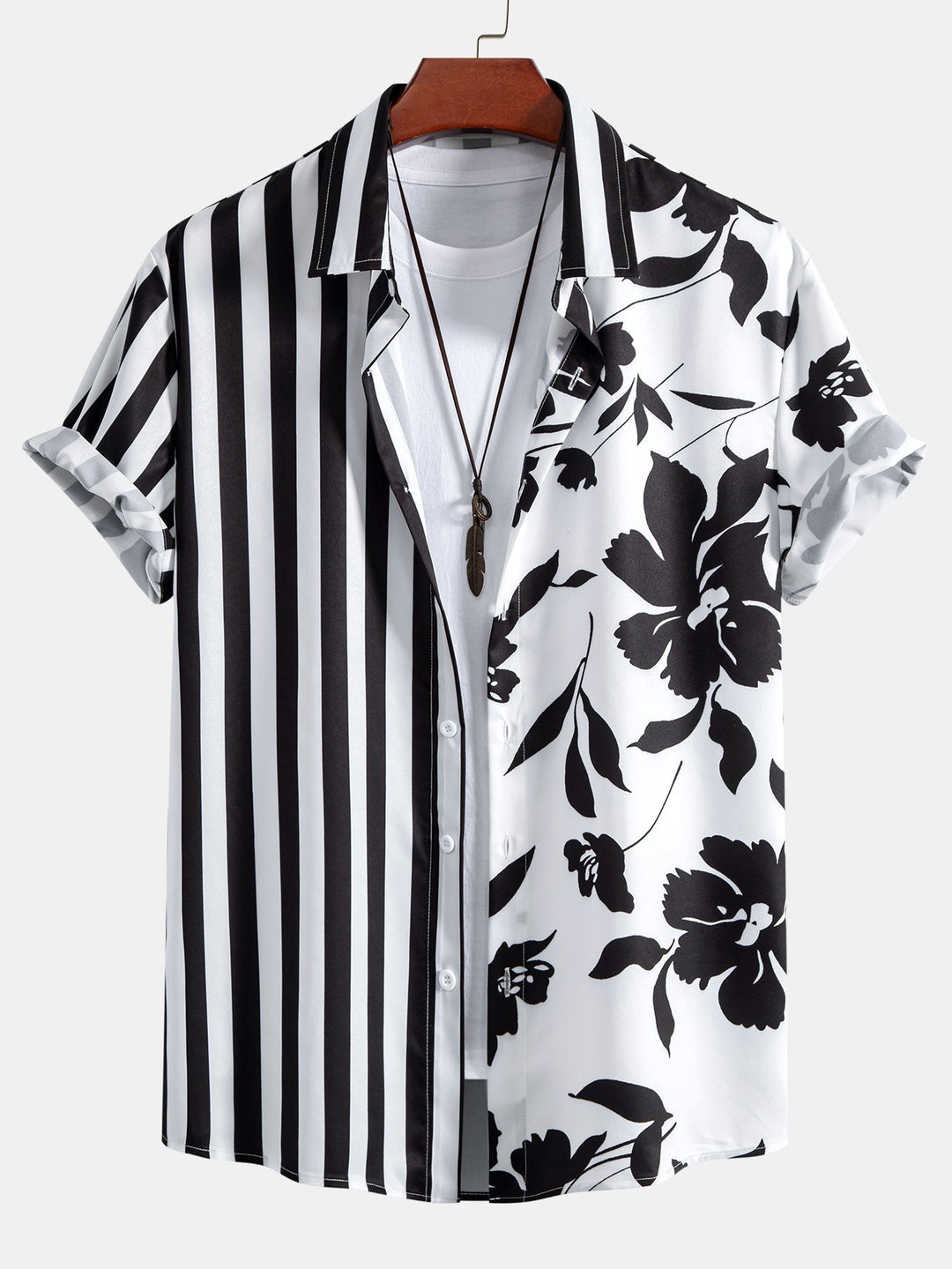 Floral Stripe Patchwork Print Button Up Shirt & Swim Shorts