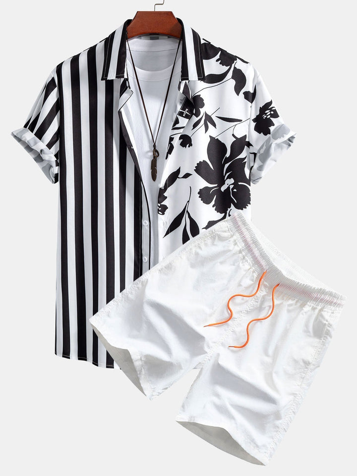 Floral Stripe Patchwork Print Button Up Shirt & Swim Shorts