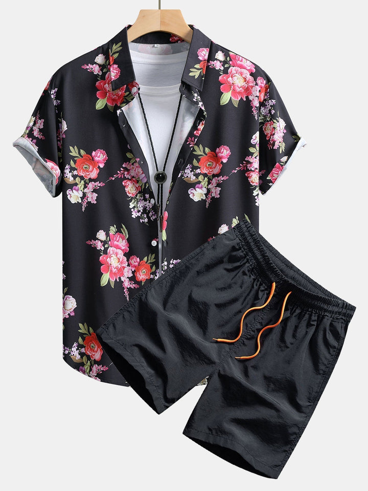 Floral Paint Button Up Shirt & Man Mid Length Drawstring Swim Shorts