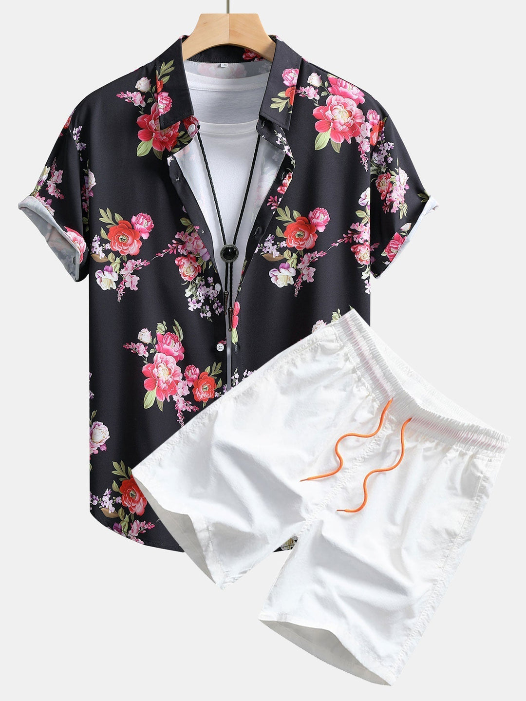 Floral Paint Button Up Shirt & Man Mid Length Drawstring Swim Shorts