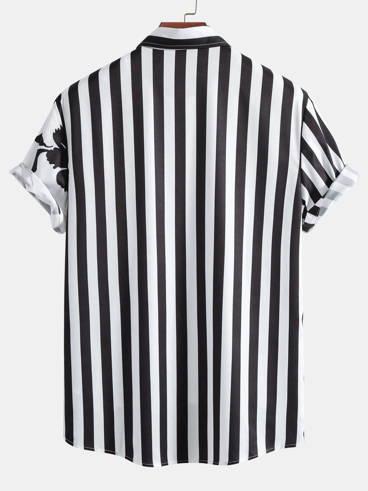 Floral Stripe Patchwork Print Button Up Shirt & Swim Shorts