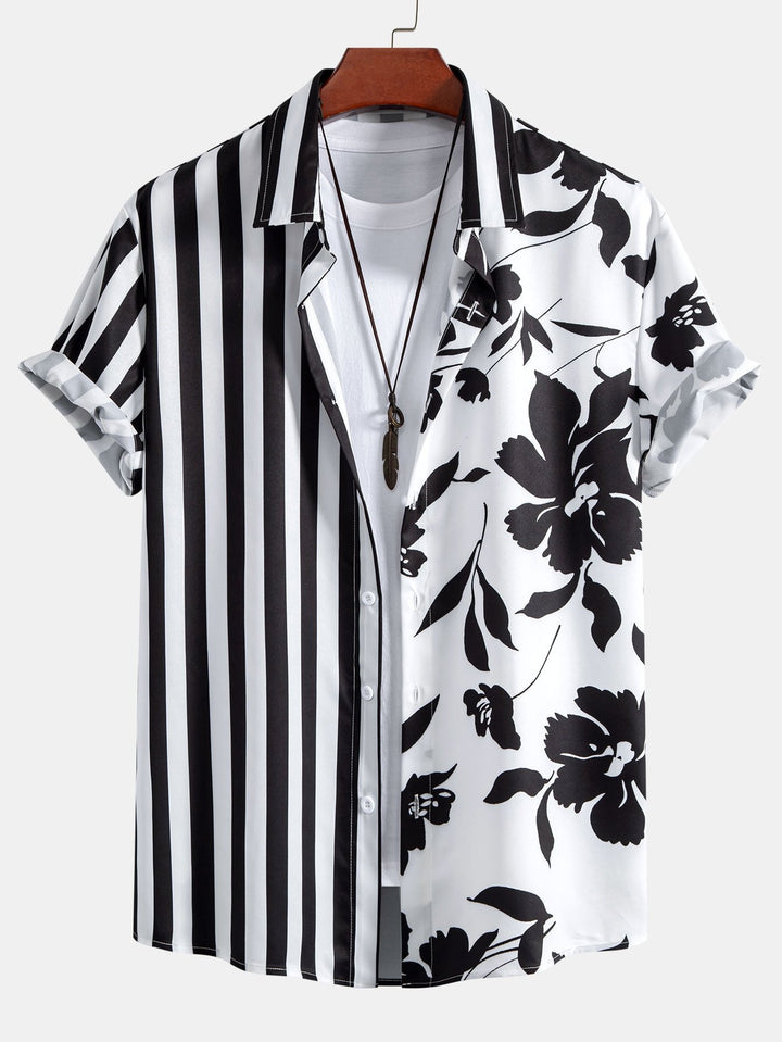Floral Stripe Patchwork Print Button Up Shirt & Swim Shorts